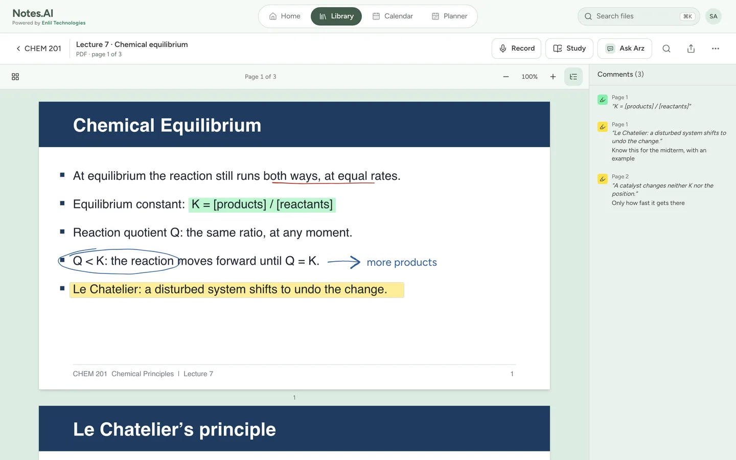 Lecture slides open in NubPro, with highlights, handwritten notes and comments