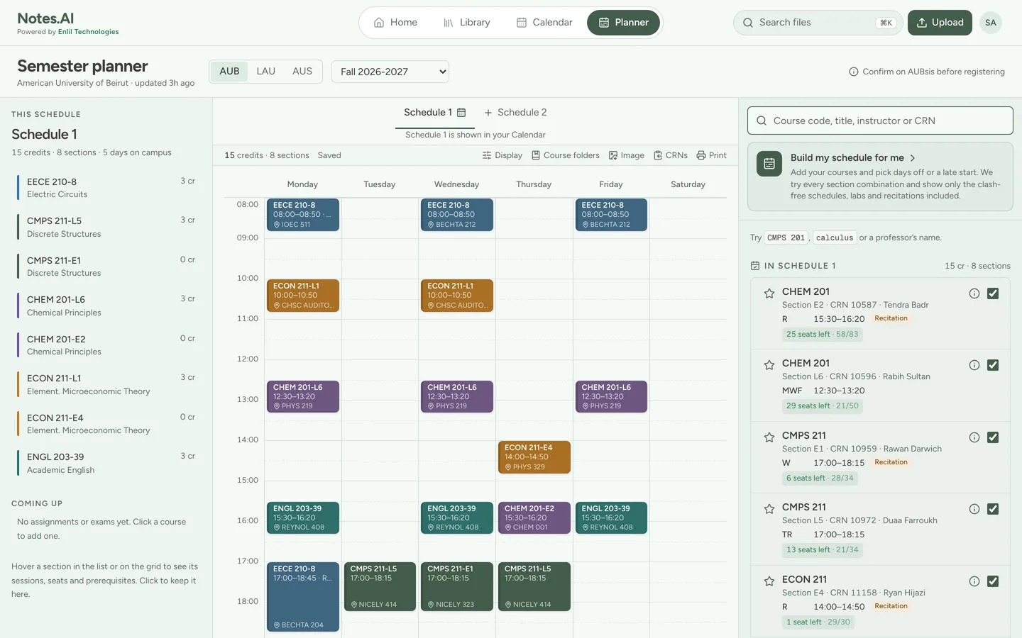 Plan courses: a week of classes on a grid, with the schedule's courses listed beside it